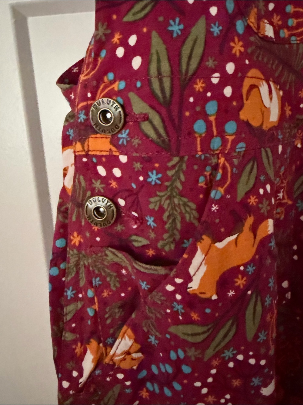 Duluth Trading Co Maroon Floral Fox Print Overalls - Picture 7 of 13